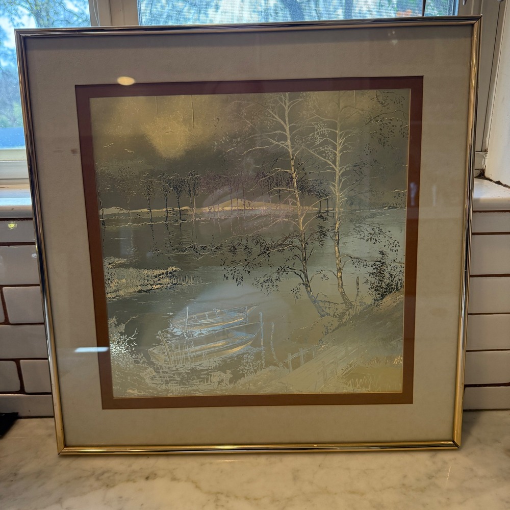 Vintage MANIFESTATIONS Inc Optical Illusion Art Lake Scene Framed 1970s Decor